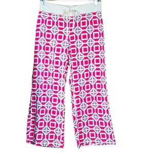 All For Color Linen Magenta, Turquoise & White Patterned Wide Leg Pants Size L